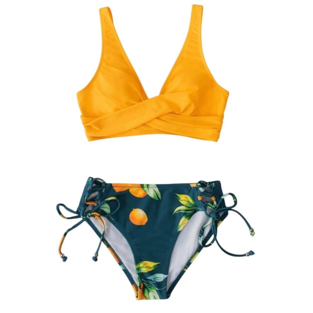 Women Cupshe Bikini Swimsuit Yellow Lemon Print Twist Tie Side Size L NWT - Picture 9 of 11
